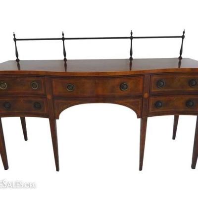 REGENCY MAHOGANY SIDEBOARD, SERPENTINE FRONT, BRASS RAIL AND DRAWER PULLS, INLAID DESIGNS, TAPERED LEGS, VERY GOOD CONDITION WITH MINOR...