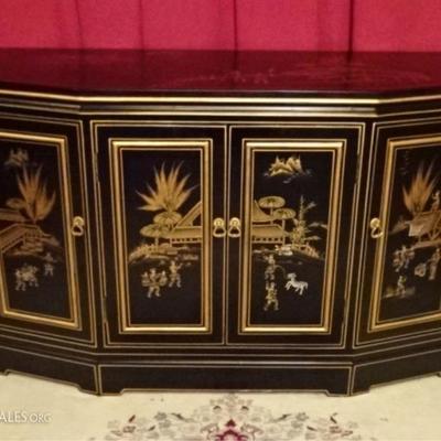 CHINESE BLACK ENAMEL CABINET, GOLD PAINTED LANDSCAPES AND FOLIATE DESIGNS, BRASS PULLS, 4 DOORS, VERY GOOD CONDITION, APPROX 48