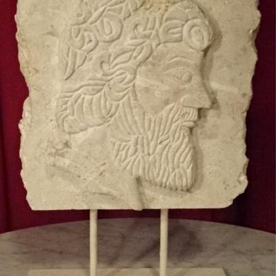 CARVED CORAL ROCK SCULPTURE, CLASSICAL MALE BUST IN RELIEF, ON METAL BASE, VERY GOOD CONDITION, 21