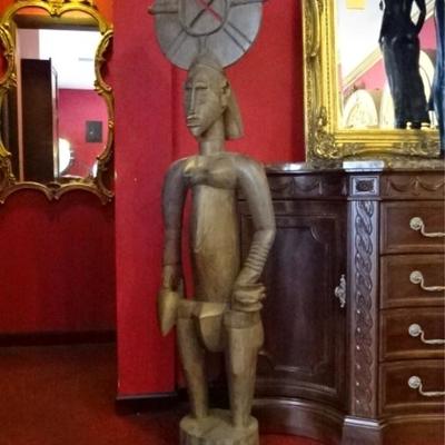 LARGE AFRICAN CARVED WOOD SCULPTURE, FEMALE FIGURE WITH ROUND HEADDRESS, VERY GOOD CONDITION, 5.5' H
