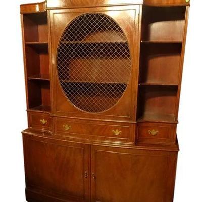 2 PC BOOKCASE / BIBLIOTHEQUE BREAKFRONT. CUT OUT CIRCULAR CENTER WITH WIRE MESH, WOOD SHELVES, 3 DRAWERS