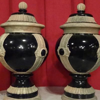 PAIR LARGE CERAMIC URNS WITH LIDS, BLACK AND TAUPE GLAZE, VERY GOOD CONDITION, 21