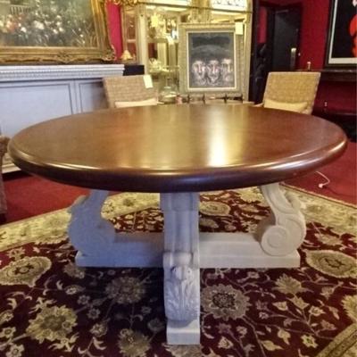 LARGE WOOD AND CAST STONE CENTER TABLE, ACANTHUS LEAF FORM BASE WITH ROUND WOOD TOP IN MAHOGANY FINISH, VERY GOOD CONDITION WITH MINOR...