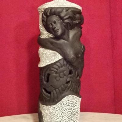 C. KIM SIGNED CERAMIC VASE, FEMALE FIGURE IN RELIEF, MATTE WHITE AND BLACK GLAZE WITH CRAQUELURE, VERY GOOD CONDITION, SIGNED C. KIM ON...
