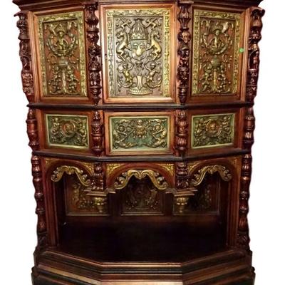 ANTIQUE EUROPEAN GOTHIC CREDENCE CABINET, ELABORATELY CARVED