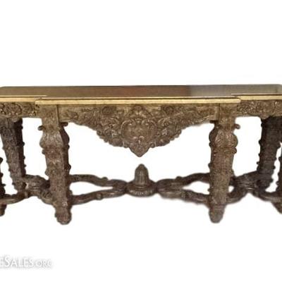 BAROQUE STYLE GILT WOOD CONSOLE TABLE, ELABORATELY CARVED APRON AND LEGS, GOLD FINISH WOOD TOP
