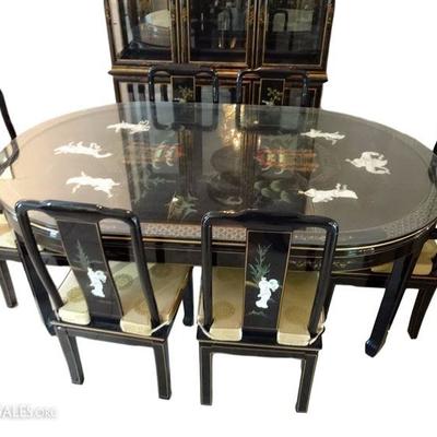 6 PC CHINESE BLACK ENAMEL DINING SET, OVAL TABLE WITH 6 CHAIRS (2 ARMCHAIRS, 4 SIDE CHAIRS), BLACK ENAMEL FINISH, APPLIQUE COMPOSITE...