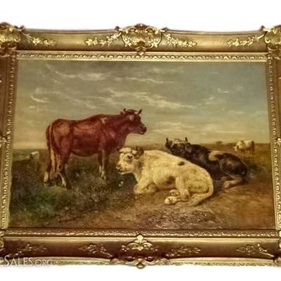 HENRY SCHOUTEN ( BELGIAN 1864-1927) OIL ON CANVAS PAINTING, CATTLE AT REST IN FIELD, SIGNED