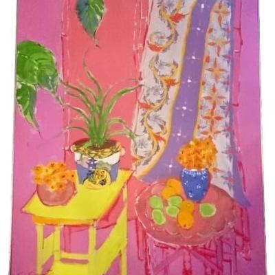 LARGE PAINTING ON CANVAS, STILL LIFE WITH PLANTS AND WINDOW, SIGNED C. COUNTER LOWER LEFT, VERY GOOD