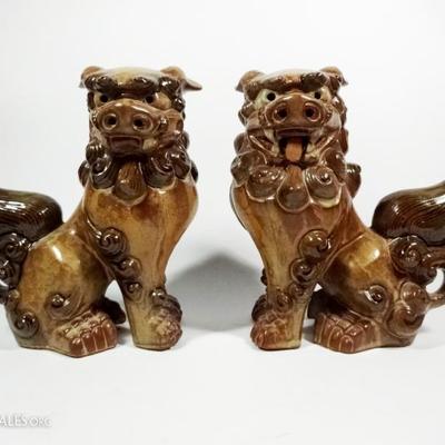 PAIR JAPANESE FOO DOGS, BROWN GLAZED POTTERY, ANDREA BY SADEK, MADE IN JAPAN, APPROX 6.25