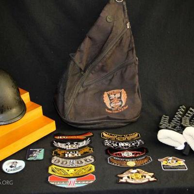 Motorcycle Helmet, Gloves, Backpack & Patches