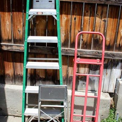 One ladder, one dolly and one step stool