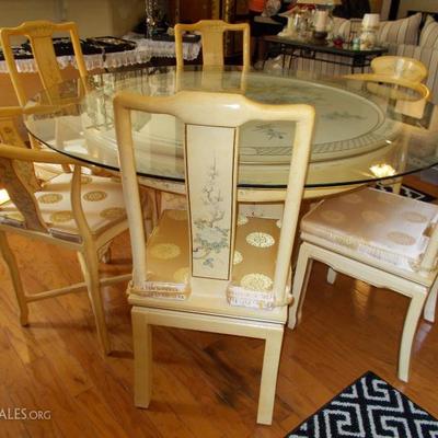 Chinese lacquered and hand painted table with glass top and six chairs $1,090
table only $550
31 X 60