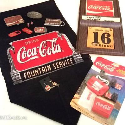 Coke Table Runner, Vintage Coke Calendar 1980 Summer Fun Access. Pack for doll, two belt buckles, fo