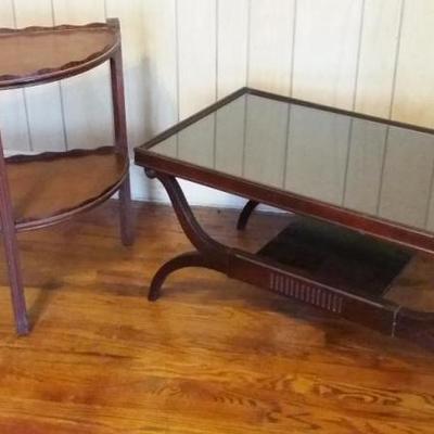 One vintage mahogany coffee table with glass insert top, decorative bowed legs; and one vintage side