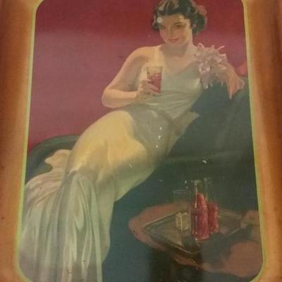Vintage Coca-Cola tray, 1936 Lady in white evening gown with corsage. 