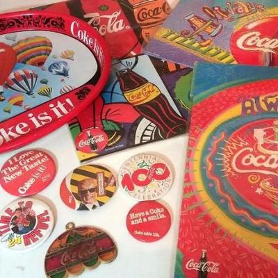 Mixed Lot of Coke - 5 Vintage Coke Buttons, one sun catcher, three colorful new in package metal Cok