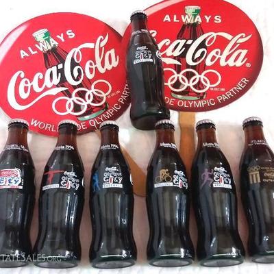 Lot of seven 8 oz. Coca-Cola Classic Olympic City, Atlanta 1996 - 1 bottle Baseball, 1 bottle Athlet