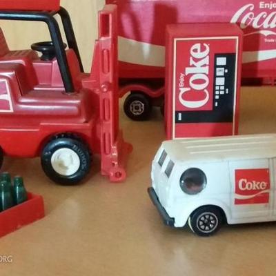 Mixed Lot of Coca-Cola Toys - Matchbox Tractor Trailer Delivery Truck, Miniature Coke Machine, Remco