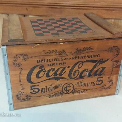 Reproduction Wooden Coca-Cola crate with checkerboard on lid. Includes some checkers (incomplete set