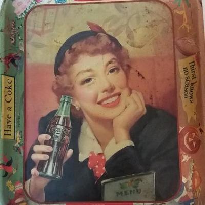 Vintage Coca-Cola tray, redhead in navy suit and hat. 