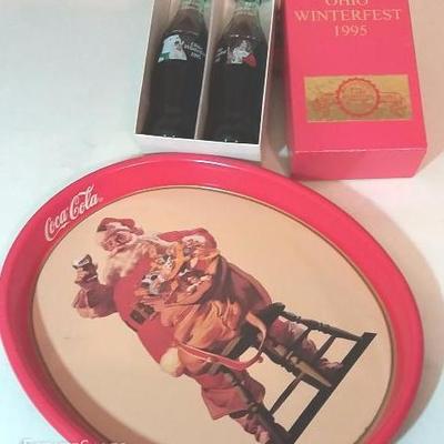 Commemorative Bottle Set of Two -Ohio Winterfest 1995, Christmas Coke Tray, Small Christmas Tin with