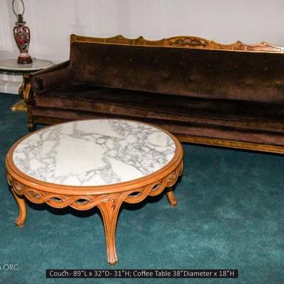 Living room couche and marble coffee table