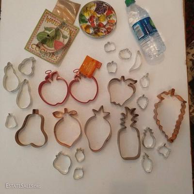 Fruit: Random Cookie Cutters priced 25 cents for plastic, .50 small tin cutters, $5 - $10 dollars for Copper cutters based on size, maker...