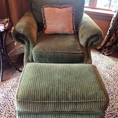 Pair of Drexel Heritage Green Oversized Corduroy Arm chairs with ottoman