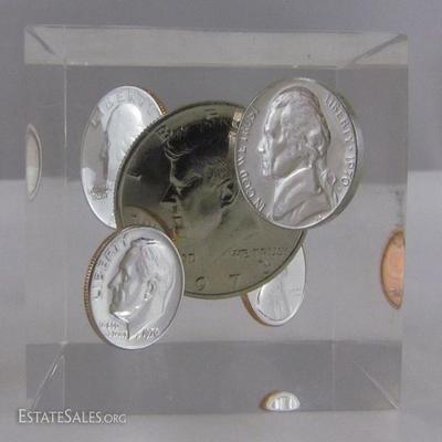 Floating Coins 1960's -1970's Acrylic Cube Paperweight