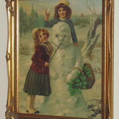 Vintage Girls with Snowman Print professionally framed in a Gold Baroque Style frame (19.5