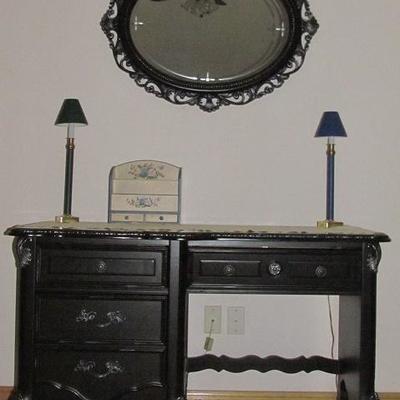 Cindy Crawford Black Cabriole Footed Vanity/Desk With Mirror