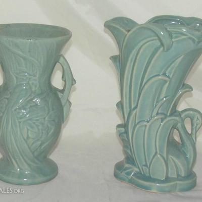 McCoy Pottery Mid-Century Aqua Peacock Vase and Swan Vase