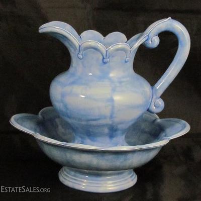 Vintage Blue Stain Ceramic Pitcher and Bowl set