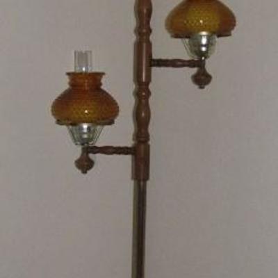 Vintage 1960's 3-Light Tension Rod Pole Hurricane Globe Lamp with Amber Hobnail Shades