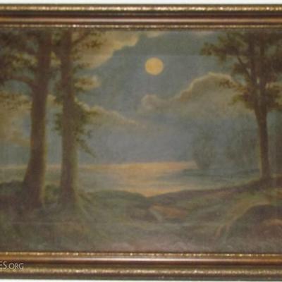 Antique Original Oil on Canvas depicting a beautiful moonlit bay.  Artist unknown.  (21