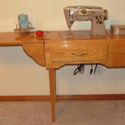 Singer Model 500A Slant-O-Matic Sewing Machine Complete with Embroidery Disc in Oak Custom Made Cabinet.  