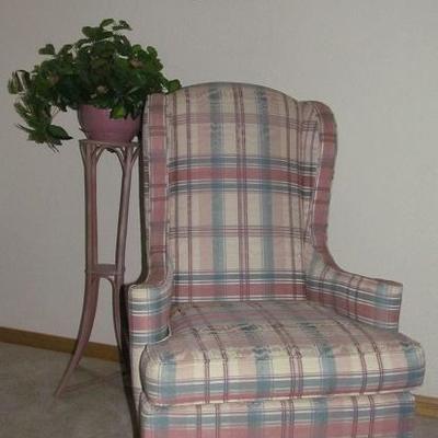 Wing Back Chair with Moire Taffeta Pink Plaid Upholstery
