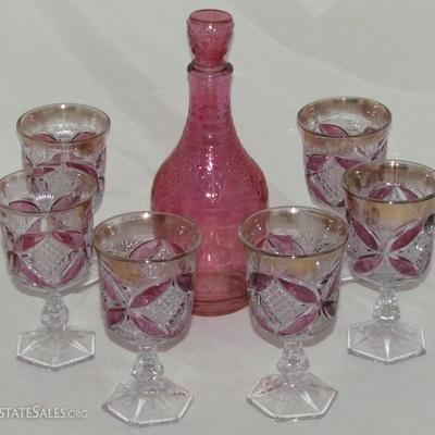 Rainbow Hand Crafted Pink Decanter and a set of 6 Crystal & Cranberry Goblets