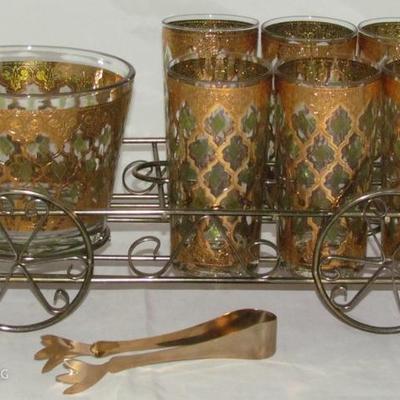 Culver "Valencia" Pattern Gold Encrusted Highballs (6), Ice Bucket w/Tongs in Cart Caddy