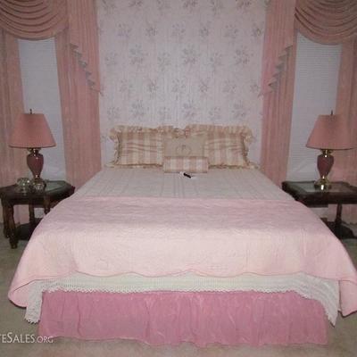 Legged & Platt Queen S-cape Adjustable Bed Shown with a Vintage Hand Crocheted Bedspread, Pink Quilted Double Spread, Maire' Taffeta...