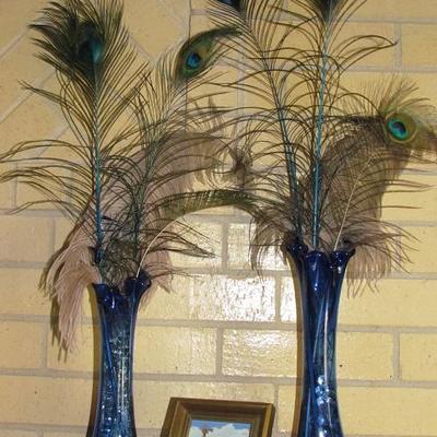Cobalt Blue Swung Vases with Peacock Feathers.  Also shown Framed Original Art Miniature