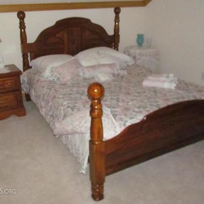 Paul Bunyan Style Pine Bedroom Suite: Queen Size Bed with Incised Carved Wheat Design, 2 Drawer Night Stand and Double Dresser with...