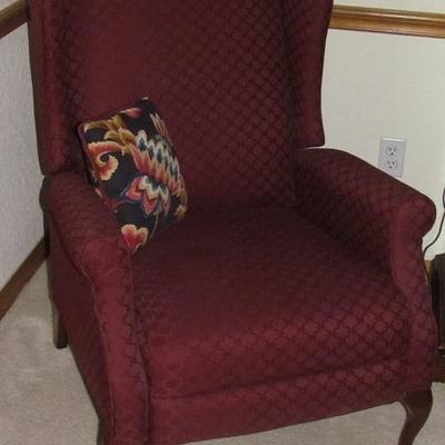 Burgundy Upholstered Queen Anne Winged Back Chair