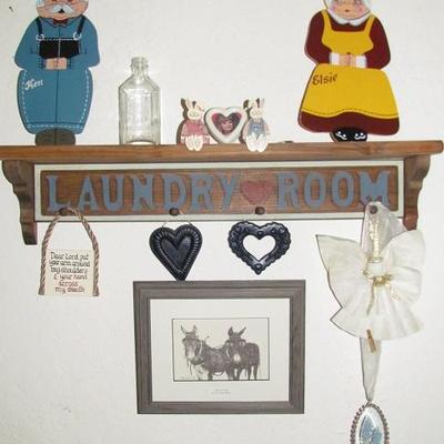 Laundry Room Decorative Shelf with Shelf Sitters and misc decorative items