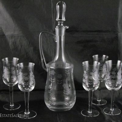 Vintage Etched Cut Crystal Liqueur Decanter w/Stopper and (5) Liqueur Cocktail Stems
