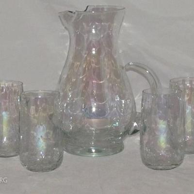 Iridescent Blown Crystal Pitcher with (6) Tumblers