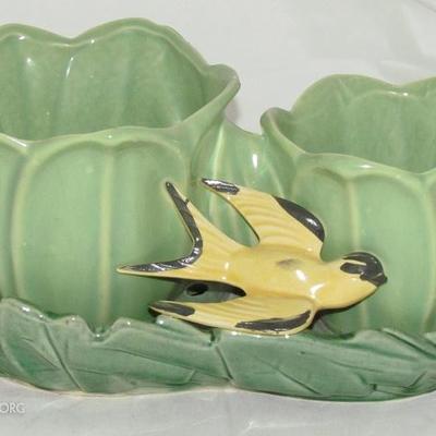 McCoy Pottery Double Tulip Planter with Attached Swallow and Underplate
