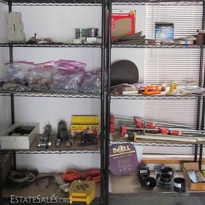 Misc hardware, bar clamps, ball hitches, extension cords, sandpaper, etc.