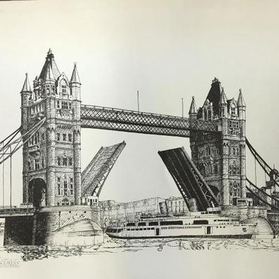 Set of 3 Bernard Smith signed 1978 original pen & ink art sketch drawing o	London Tower o	Westminster Abbey o	London Bridge over...